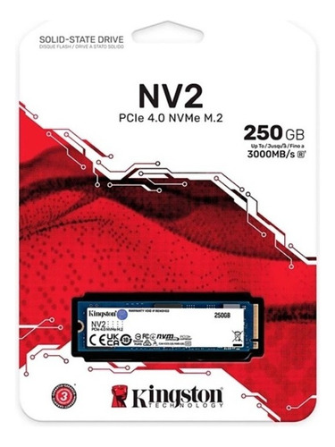 Ssd M.2 Nvme Pci.e Gen 4.0 250gb Kingston Nv2 Snv2s/250g, Leitura 3000mb/s, Gravação 1300mb/s