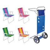 Kit Carrinho De Praia Com Avanço + 4 Cadeiras De Alumínio