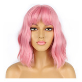 Pelucas Cortas Estilo Bob Con Flequillo Para Mujer Rosa