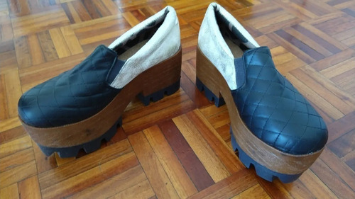 Zapatos Zuecos Guillerminas Madera Y Simil Cuero Plataforma