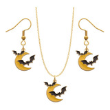 Kit Collar Y Aretes Batman Murciélago Luna Cadena Dije Moda