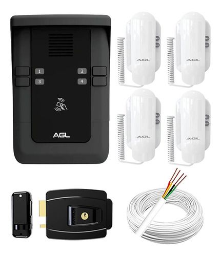 Kit Interfone Coletivo 4 Pontos Agl Monofone Fechadura Cabo