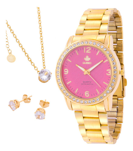 Relógio Feminino Dourado Quebec Fundo Rosa + Kit Joias Top