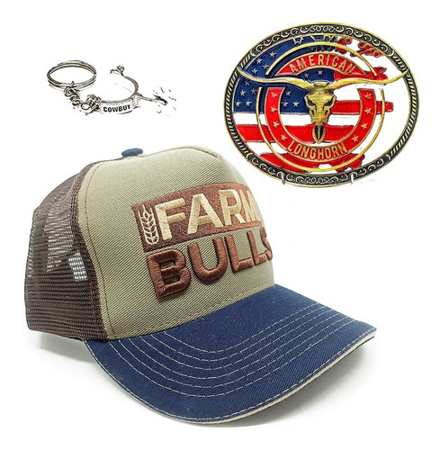 Kit Boné Country Farm Bulls Fivela American Cowboy Chaveiro