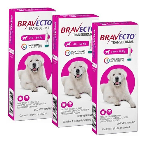 3 Bravecto Transdermal Cães 40 A 56kg Antipulgas Carrapatos