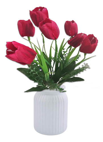 7 Tulipanes Flor Artificial Con Follaje Ramo Decorativo 