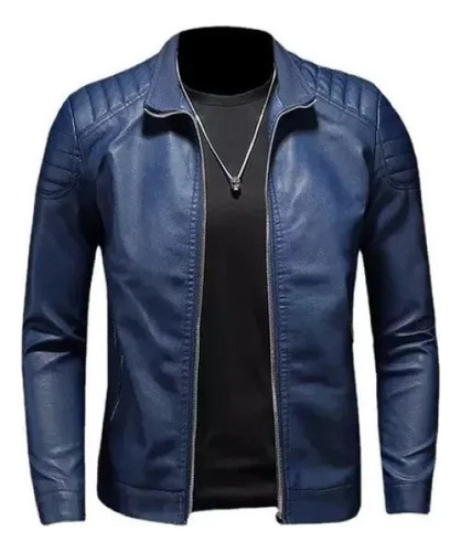 Chaqueta De Cuero De Motociclista De Moda Ajustada Para Hombre Azul