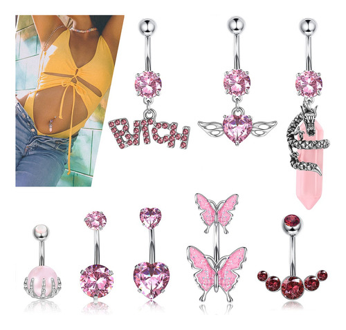 8 Pzs Piercing Ombligo Mujer Acero Inoxidable De Moda Rosa