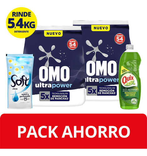 Omo Detergente Polvo Pack Limpieza 2 Unidades 2,7kg Cada Uno 1 Quix Y 1 Soft
