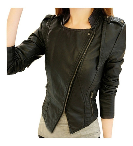 Chaqueta De Cuero Biker Delgada Con Cremallera Para Mujer