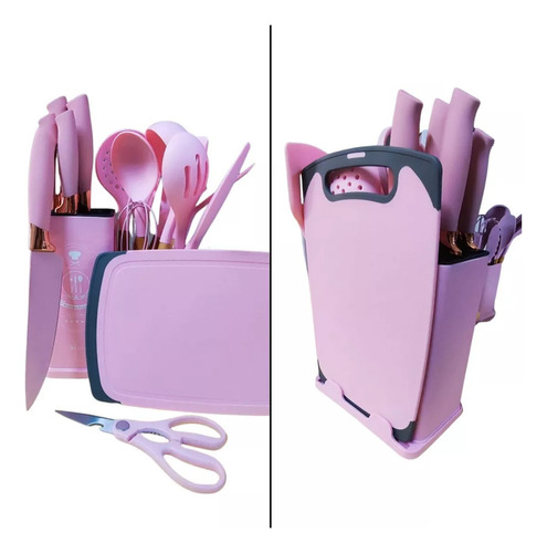 Kit Conjunto Utensílios Silicone Facas Tabua De Cortar 19pç Cor Rosa-chiclete