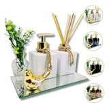 Kit Lavabo Luxo Difusor Saboneteira C/ Bandeja Dourado