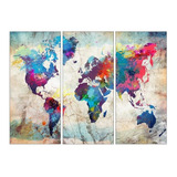 Cuadro Decorativo Tríptico Moderno Mapa Del Mundo De Colores