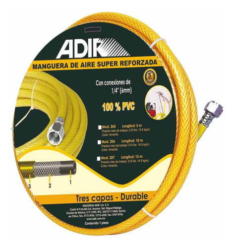 Manguera Compresor 10 M Pvc Reforzada 215 Psi Adir 206 Color Amarillo