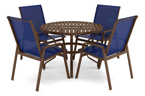 Mesa 4 Cadeiras Ripado Piscina Alumínio Marrom E Tela Azul