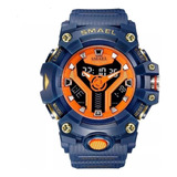 Relógio Masculino Smael Militar Sport 8075 Blue Correia Azul Bisel Azul Fundo Laranja