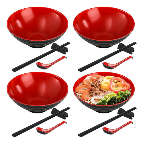 Set De Ramen Lyellfe Bowls, Palillos Y Cucharas Rojo Y Negro