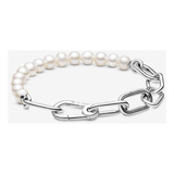 Pulsera De Eslabones Y Perlas De Plata Ley 925 + Caja+ Paño