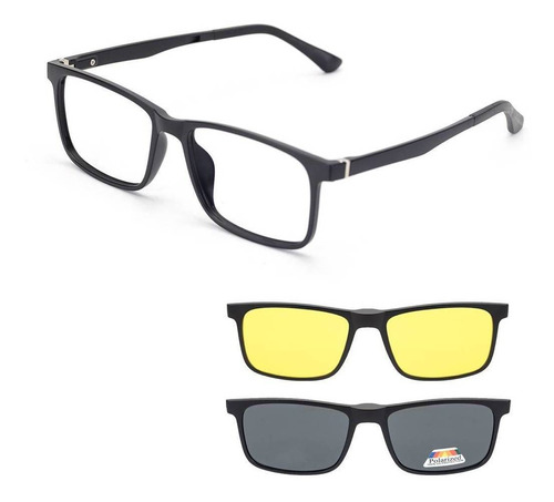 Clipon Adicional Óculos 3 Em 1 Preto Polarizado Amarelo Imã