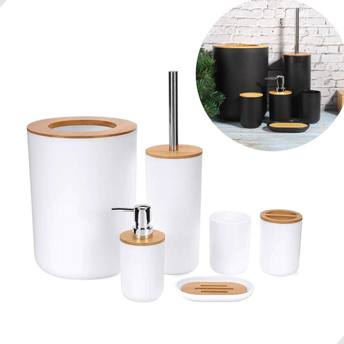 Conjunto Banheiro Lixeira Saboneteira Kit 6 Peças Bambu 