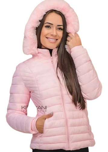 Jaqueta Feminino Nylon Forrada Puffer Com Capuz E Bolso #01