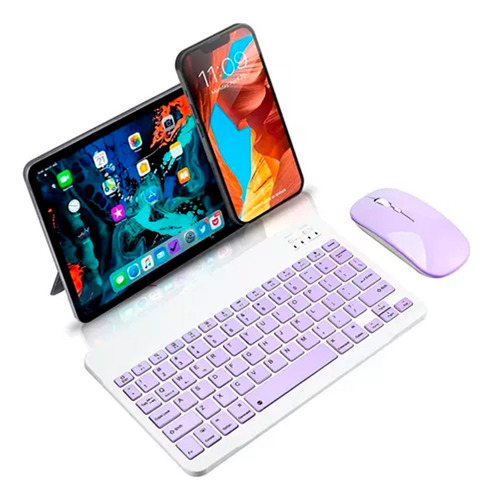Mini Teclado Inalámbrico Bluetooth, Con Mouse, Recargable Para Celular Y Tablet, Color Violeta