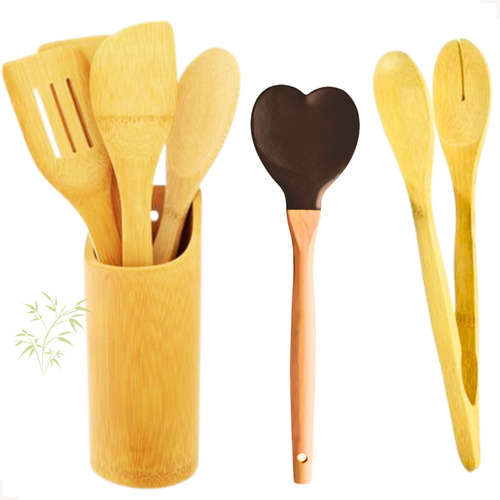 Kit Culinario Colher De Pau Espatula Bambu Natural Suporte 