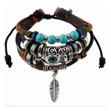 Pulsera De Cuero Multicapa Azules Tejido A Mano Vintage Hue