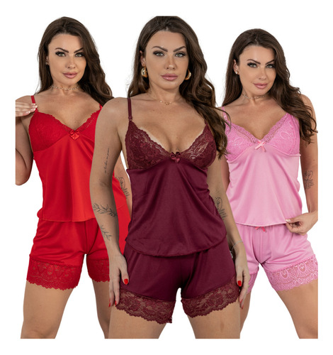 Kit C/3 Baby Doll/ Short Doll Pijama Para Dormir Confortável