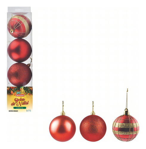 Kit 4 Bolas De Natal Dourada Enfeite Natalino Vermelho 8cm Cor Vermelho Cristal