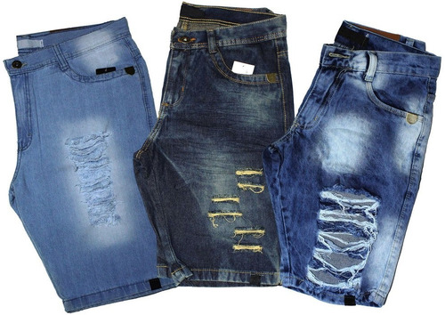 Kit 3 Bermudas Short Jeans Masculino Slim Destroyed Rasgada