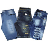 Kit 3 Bermudas Short Jeans Masculino Slim Destroyed Rasgada