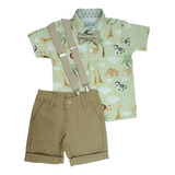 Safari Roupa Festa Mickey Safári Verde Menino Conjunto Social Camisa Temática, Bermuda Com Suspensório Infantil 