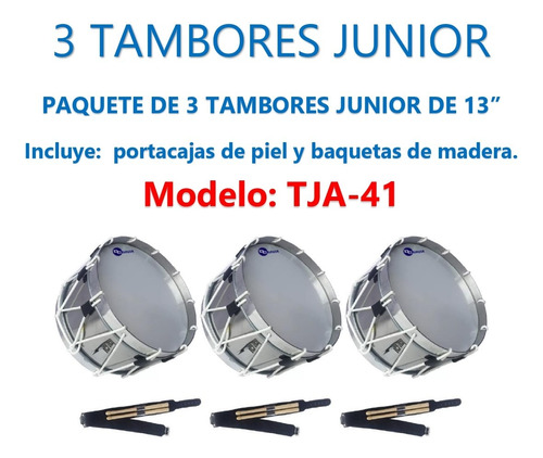 3 Tambores Junior Aros Aluminio Piola Blanca  Tja-41