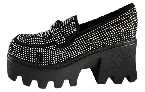Zapatos De Moda Estilo Mocasin Con Plataforma Brillos Negro
