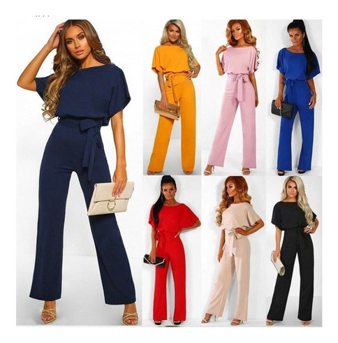 Palazzo Largo Elegante Jumpsuit Color Sólido Manga Corta [u]