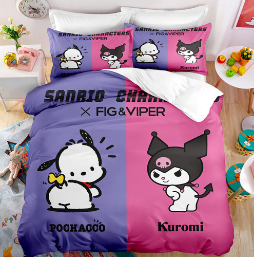 Juego De Ropa De Cama Kuromi Y Pochacco De 3 Piezas, Doble