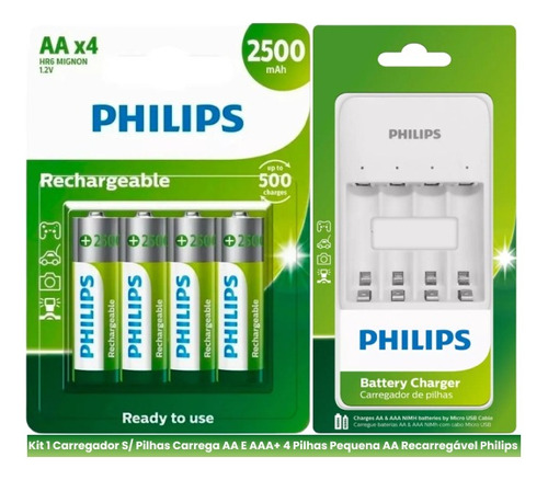 1 Carregador Com 4 Pilhas Aa Recarregáveis Original 2500mah