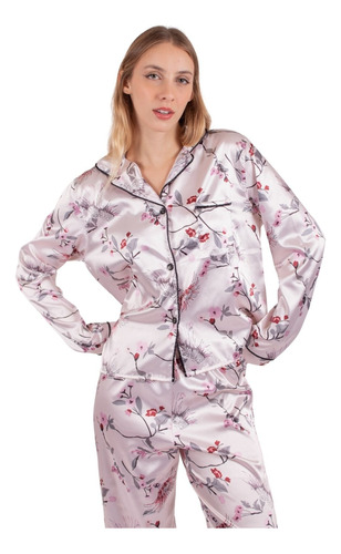 Pijama Mujer Invierno Saten Conjunto Pantalon Y Camisa Largo