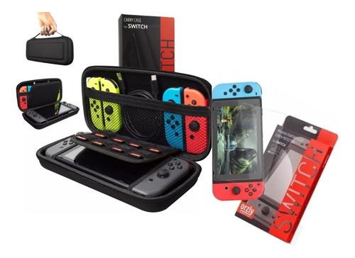 Kit 2-1 Funda Nintendo Switch + Vidrio Templado Estuche Rigida Orzly Dureza 9h 0.24 Mm Premiun Accesorios Originales 