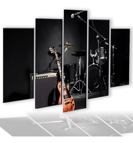 Quadros Decorativo Guitarra E Bateria Rock Mosaico 5 Pçs Hd