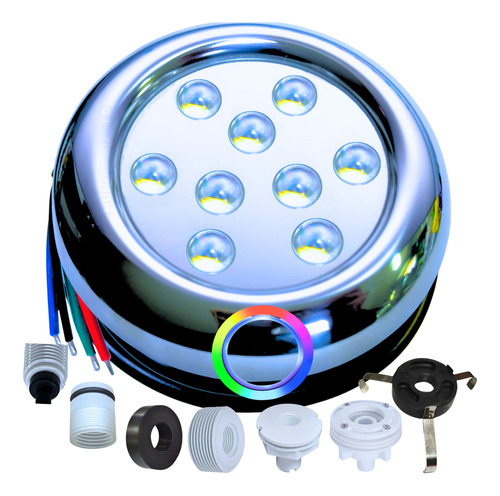 01pç Luminária De Led P/ Piscina 9w Rgb 12v 8cm + Adaptador