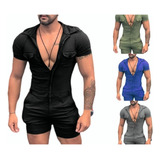 Men's Summer Jumpsuit Zipper Pants Short Sleeves