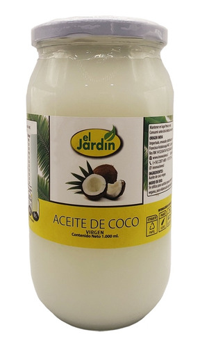 Aceite De Coco Orgánico 1lt  Prensado Frio. - El Jardin