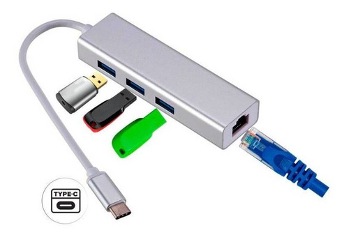 Adaptador Hub 3 Puertos Usb Type C Ethernet Rj45 Y 3 Usb 