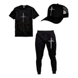 Kit Calça Moletom + Camiseta + Boné Fé Religião Oferta Full