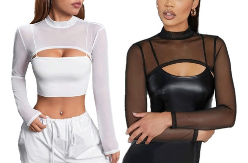 Croptop De Mesh / Malla Transparente Manga Larga (kit 2 Pzs)