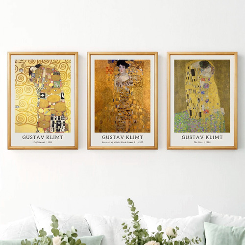 Set 3 Cuadros Gustav Klimt Oro Beso Abrazo Marcos Madera 