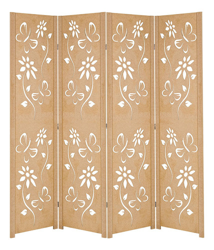 4 Biombo Folha Floral Ripado Divisor Ambiente Madeira Mdf M1