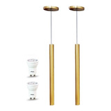 2 Pendentes Tubo 50cm Dourado Escovado + Led + Fio Cristal